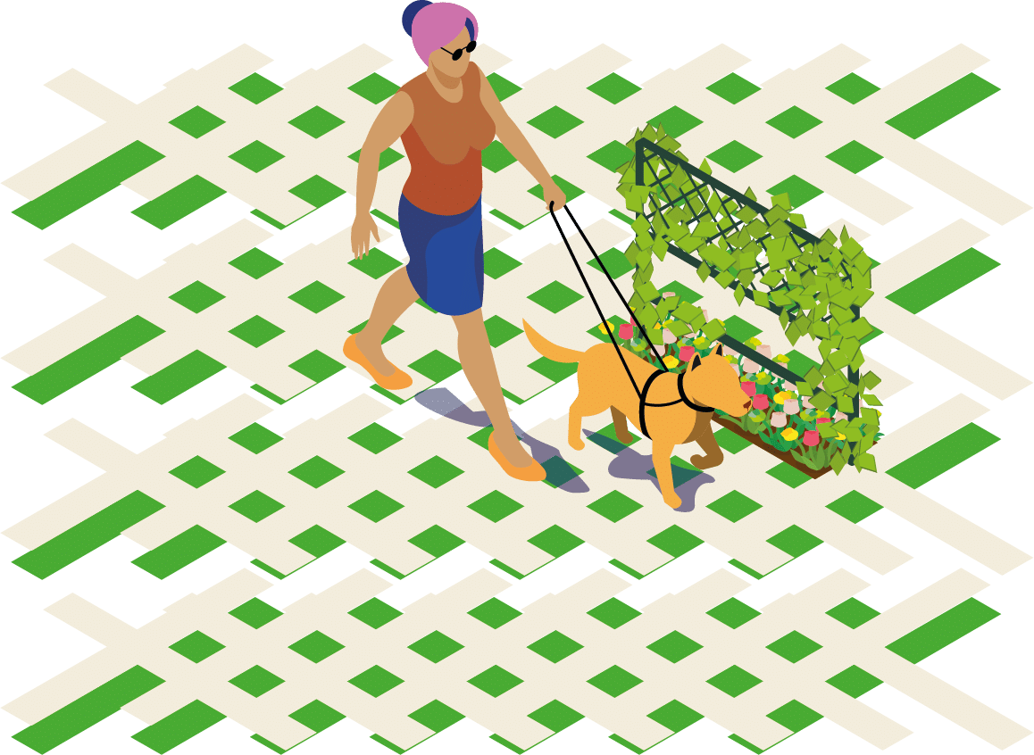 barrière-florale-dualis_1 Illustration une femme promène son, chien et passe devant une barrière florale