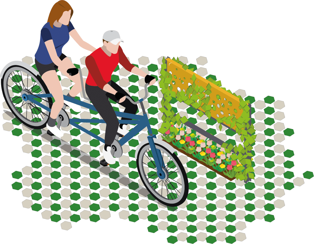 barrière-florale-square Illustration de deux personnes sur un vélo double devant une barrière florale square